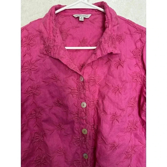 JOHN MARK Women 100% Linen Pink Embroidered Floral Button Down Shirt Top Small - Picture 9 of 9